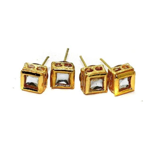 5 Pairs Kundan Earring Studs Square 7x7mm - Golden / 7mm / Iron