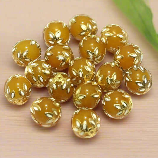 10 Pcs 12mm Meenakari Round Beads - Yellow / Glass
