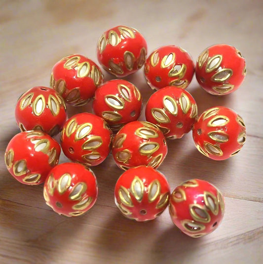 10 pcs 12mm Meenakari Round Beads - Red / Glass