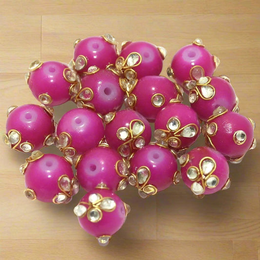 20 Pcs 12mm Glass Kundan Beads Round - Magenta / Glass