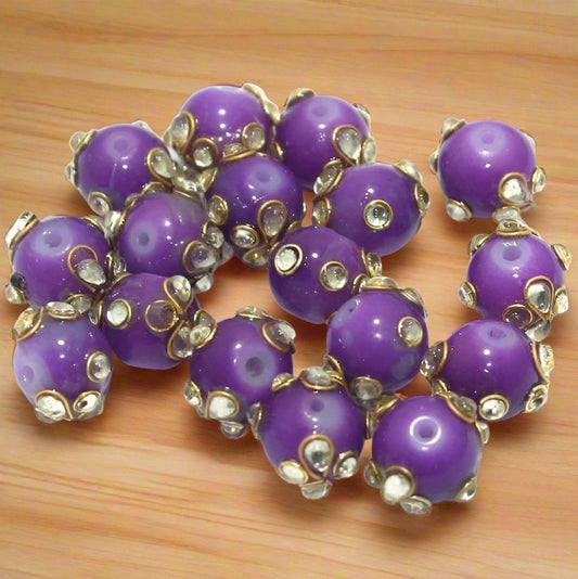 20 pcs 12mm Glass Kundan Beads Round Purple - Purple / Glass