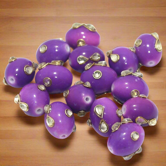 20 pcs 15x12mm Glass Kundan Beads Oval - Purple / Glass