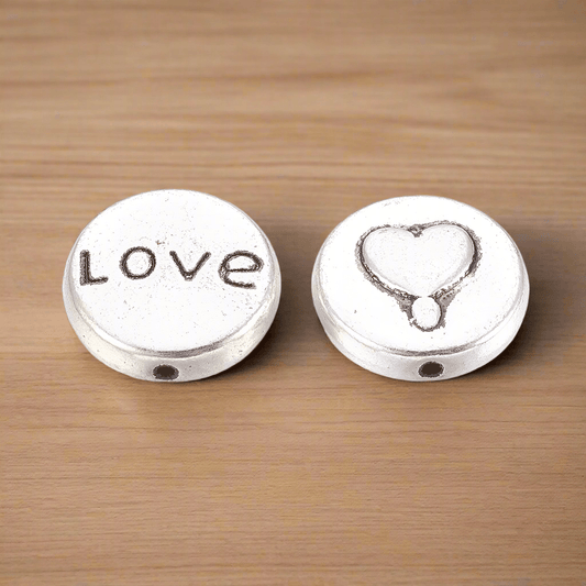 Alloy Beads Flat Round with Heart and Word Love - 10 Pcs / Silver / German Silver