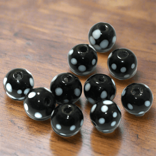 100 Pcs Glass Round Beads Black and White 9mm - Black / Glass / Round