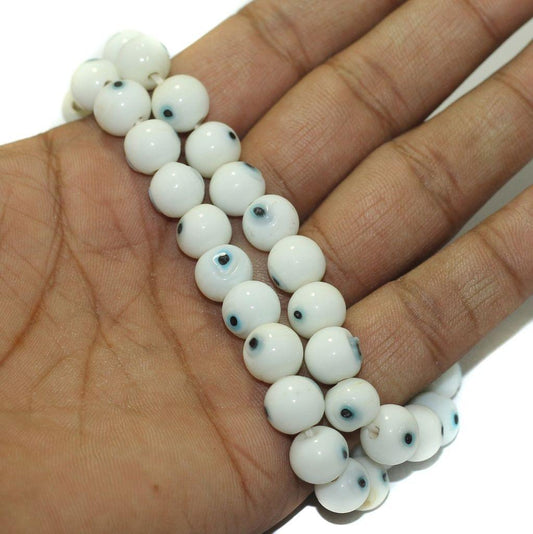 1 String, 10mm Glass Evil Eye Beads White - White / Glass / Round