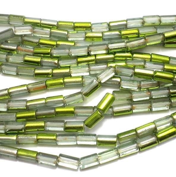 1 Strings Half Metallic Tube Beads  10x6 mm - Green / Glass / Tube