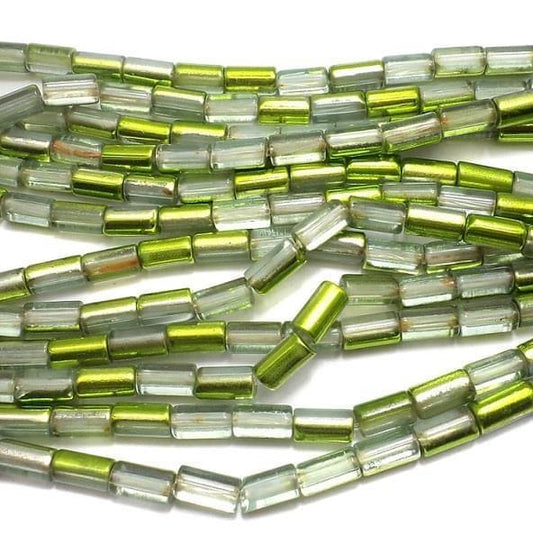 1 Strings Half Metallic Tube Beads  10x6 mm - Green / Glass / Tube