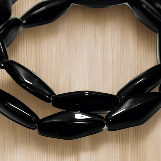 5 Strings Fire Polish Oval Beads Black 20x8mm - Black / Glass / Oval