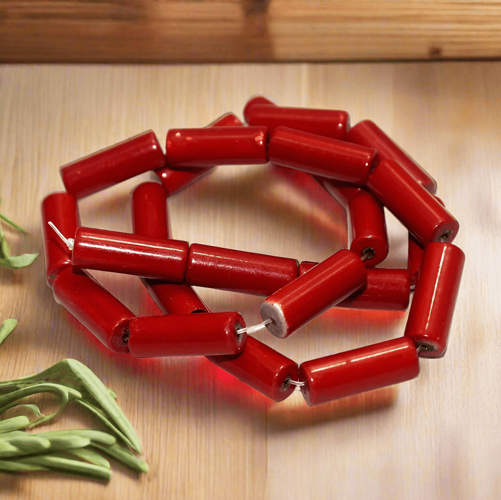 5 Strings Glass Tube Beads Red 16x6mm - Red / Glass / Tube