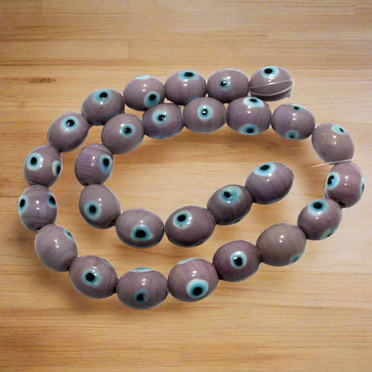 1 String, 14x12mm Purple Evil Eye Glass Beads Oval - Purple / Glass / Round