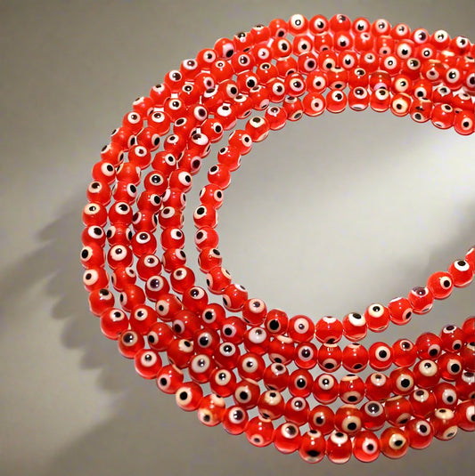 1 String, 6mm Red Glass Evil Eye Round Beads - Red / Glass / Round