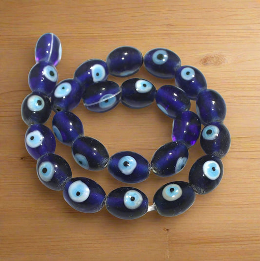 2 Strings, 14x12mm Glass Evil Eye Oval Beads Blue - Blue / Glass / Oval