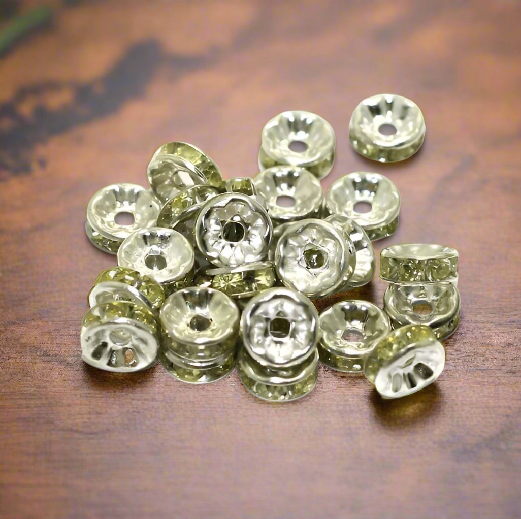 100 Pcs, 8mm Peridot Rhine Stone Spacer Beads - Green / Iron / Disc