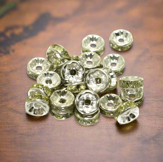100 Pcs, 8mm Peridot Rhine Stone Spacer Beads - Green / Iron / Disc