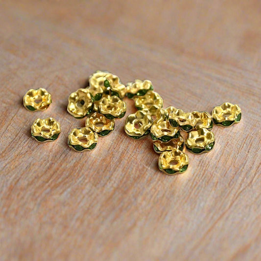 100 Pcs, 6x2mm Golden Rhinestone Disc Spacer Beads - Green / Iron / Disc