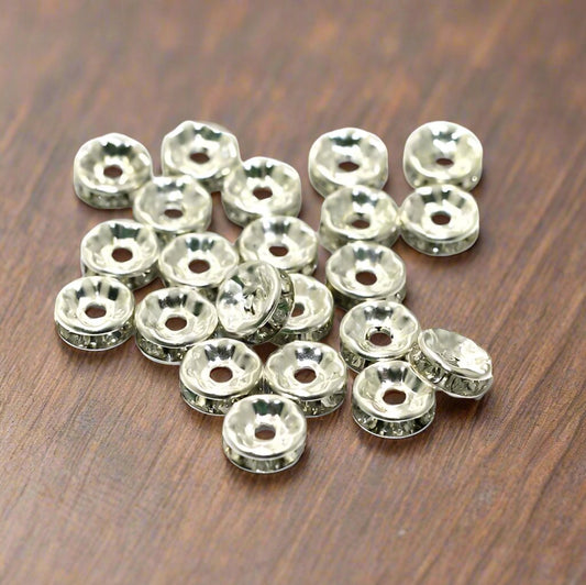 100 Pcs, 7mm Rhinestone Disc Spacer Beads - Silver / Iron / Disc