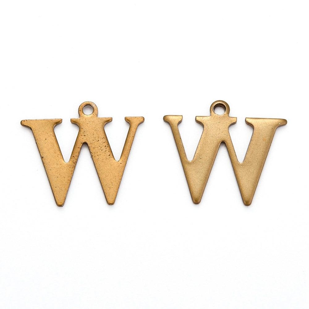 5 Pcs, 12x14mm Letter W Stainless Steel Alphabet Charms Antique Bronze - Bronze