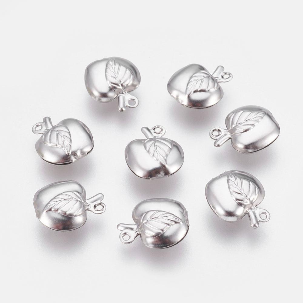 13x11mm Apple with Leaf Stainless Steel Charms - Silver / Stainless Steel / 10 Pcs