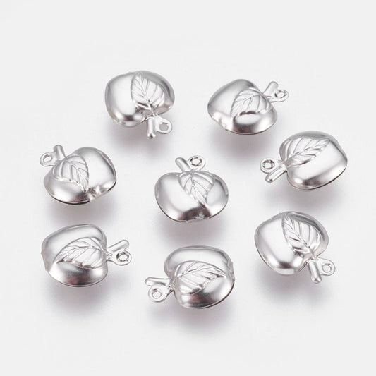 13x11mm Apple with Leaf Stainless Steel Charms - Silver / Stainless Steel / 10 Pcs