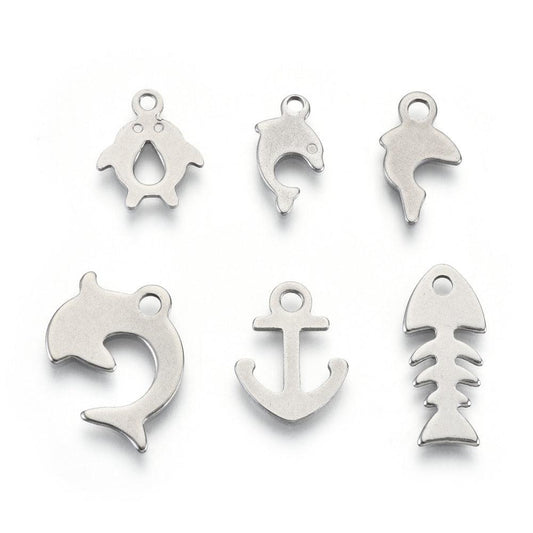 Stainless Steel Charms Fish, 6 Patterns - Silver / Stainless Steel / 12 Pcs