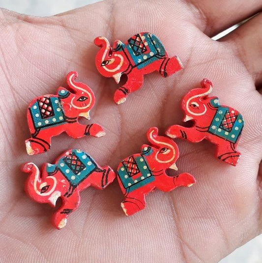 20 Pcs, Wooden Colored Elephant Beads - Red / Wood / Figures