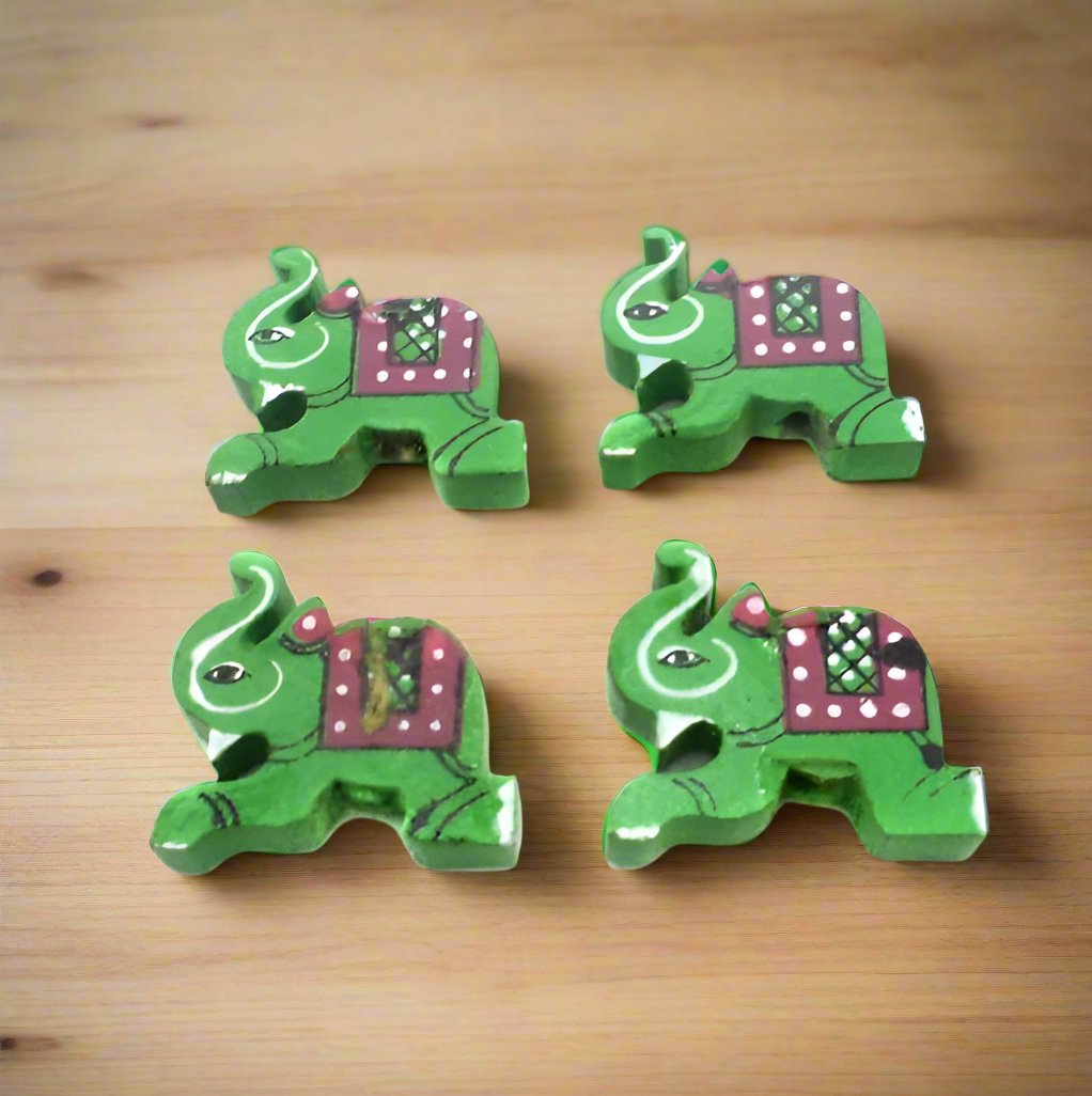 20 Pcs, Wooden Elephant Beads Green - Green / Wood / Figures