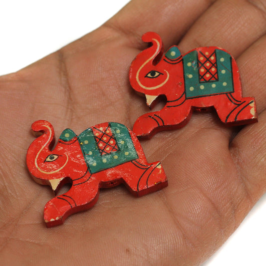 10 Pcs, Wooden Colored Elephant Beads Red - Red / Wood / Figures