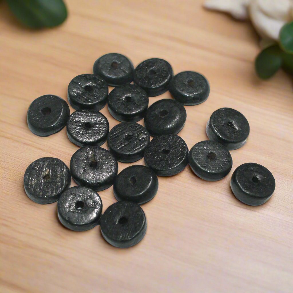 100 Pcs Donut Antique Wooden Beads, Size 14x4mm - Black / Wood / Donut