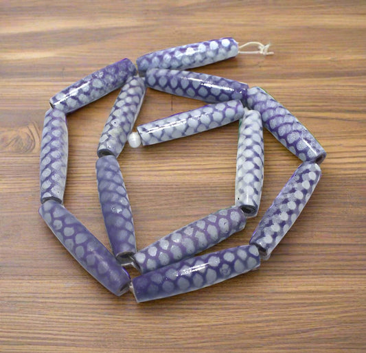 2 Strings Hand Printed Wooden Long Oval Beads Purple 32x8mm - Purple / Wood / Oval