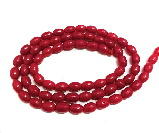 1 String, 6x4mm, Jaipuri Beads Oval - Red / Glass / Oval
