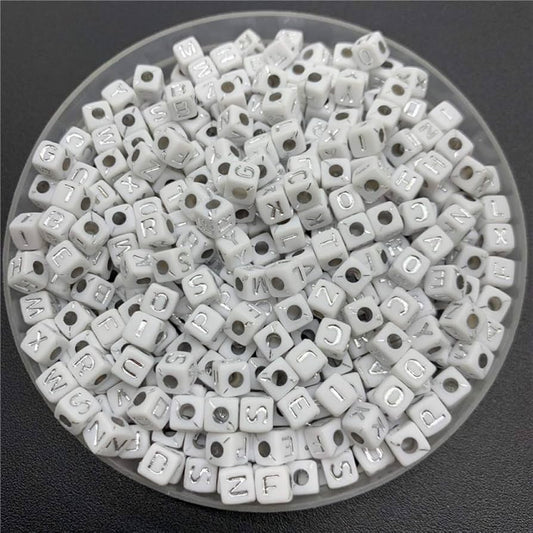 100 gm, Acrylic Square A to Z Alphabet Letter Beads White 6mm - White / Acrylic / 100 gm