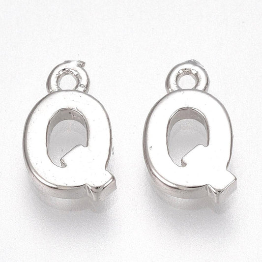 8.5x5mm Letter Q Brass Charms Real Platinum Plated - Silver