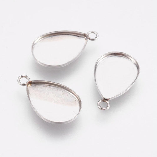 0.75 Inch 304 Stainless Steel Pendant teardrop Cabochon Settings - Silver / Drop / 10 Pcs