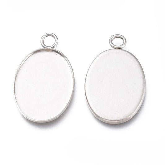 0.75 Inch 304 Stainless Steel Pendant Oval Cabochons Settings - Silver / Oval / 10 Pcs
