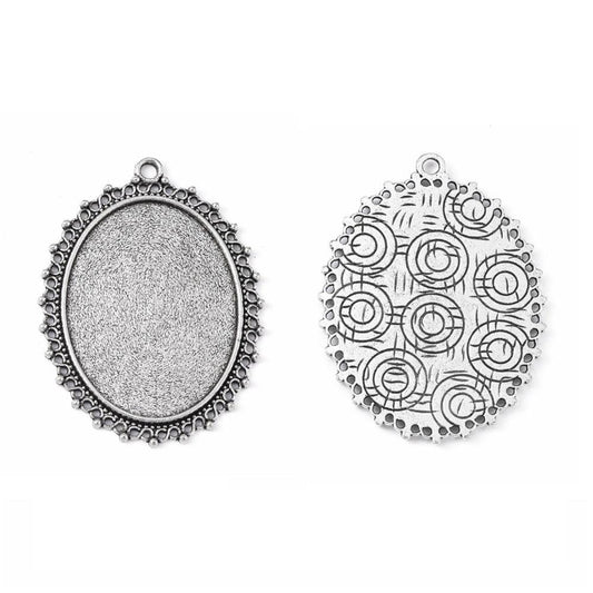 2 Inch Tibetan Style Alloy Oval Tray Cabochon Settings Antique Silver - Silver / Oval / 5 Pcs