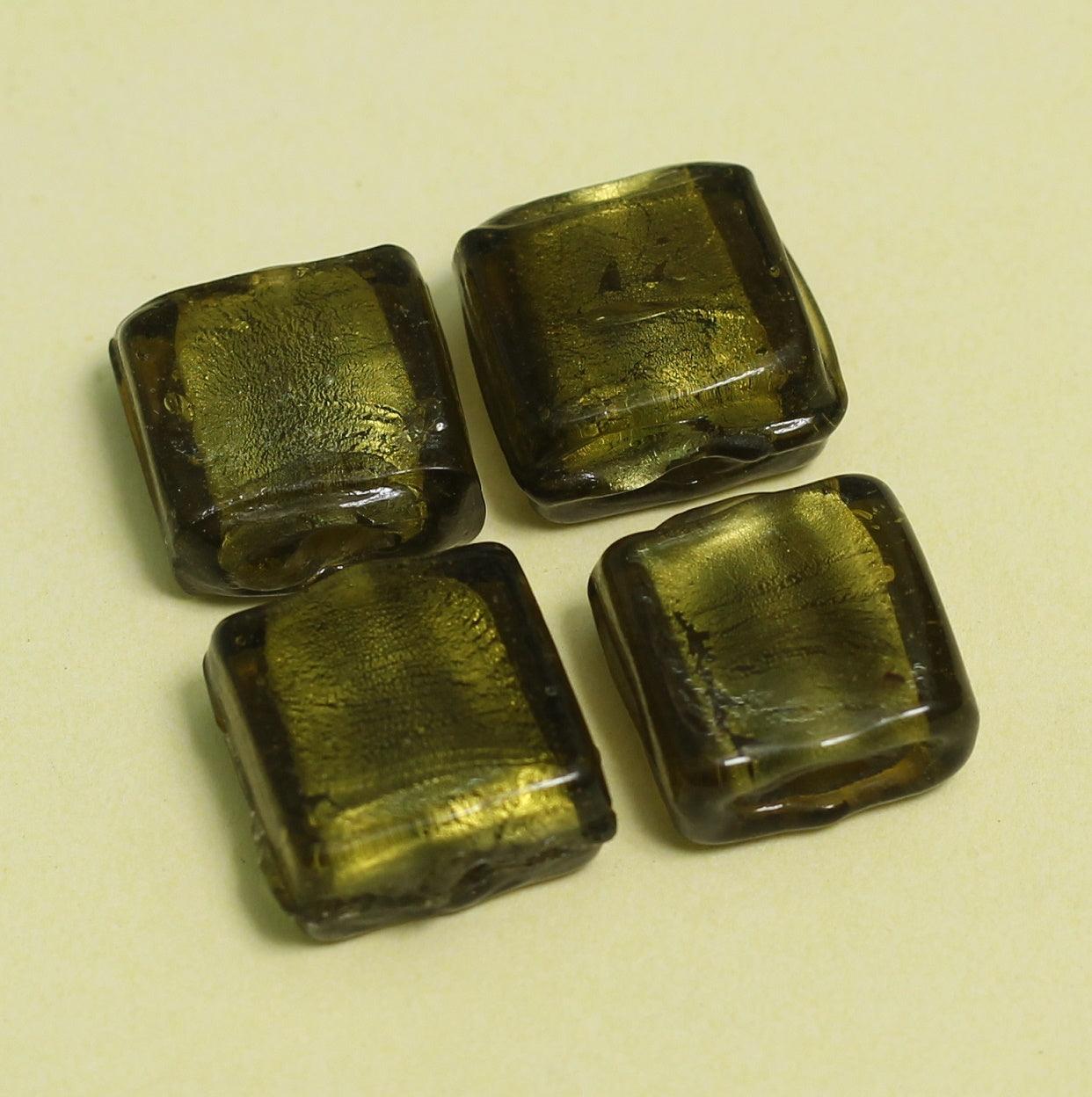 15mm Glass Silver Foil Square Beads - 10 Pcs [ Rs 8.5 / Piece ] / Olive / Square