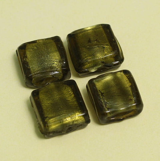 15mm Glass Silver Foil Square Beads - 10 Pcs [ Rs 8.5 / Piece ] / Olive / Square