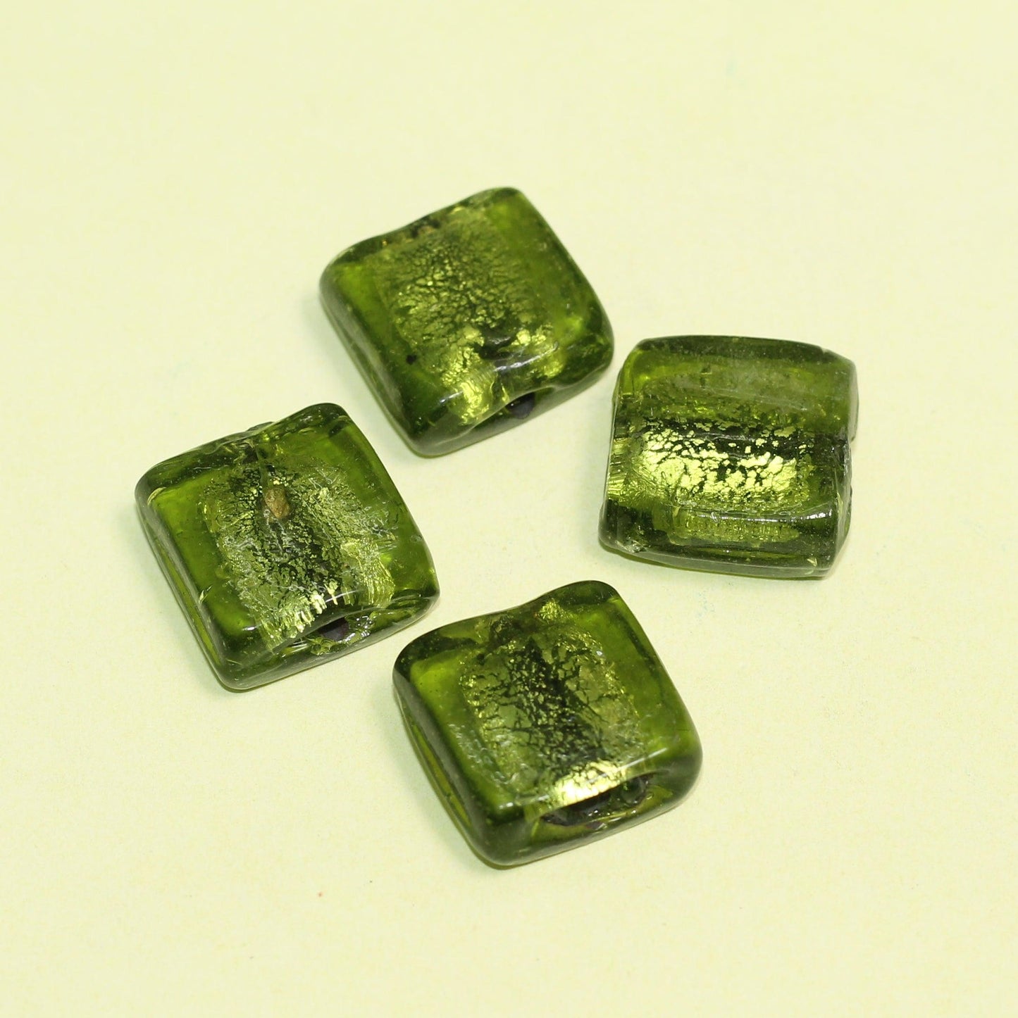 Glass Silver Foil Square Beads - 10 Pcs / Olive / Square