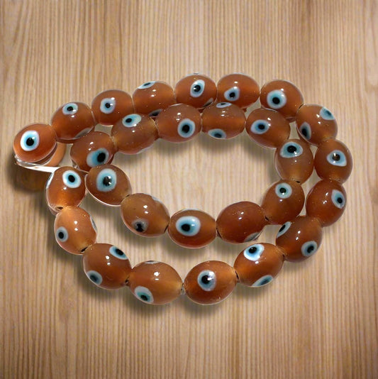 1 String, 14x12mm Peach Evil Eye Glass Beads Oval - Orange / Glass / Round
