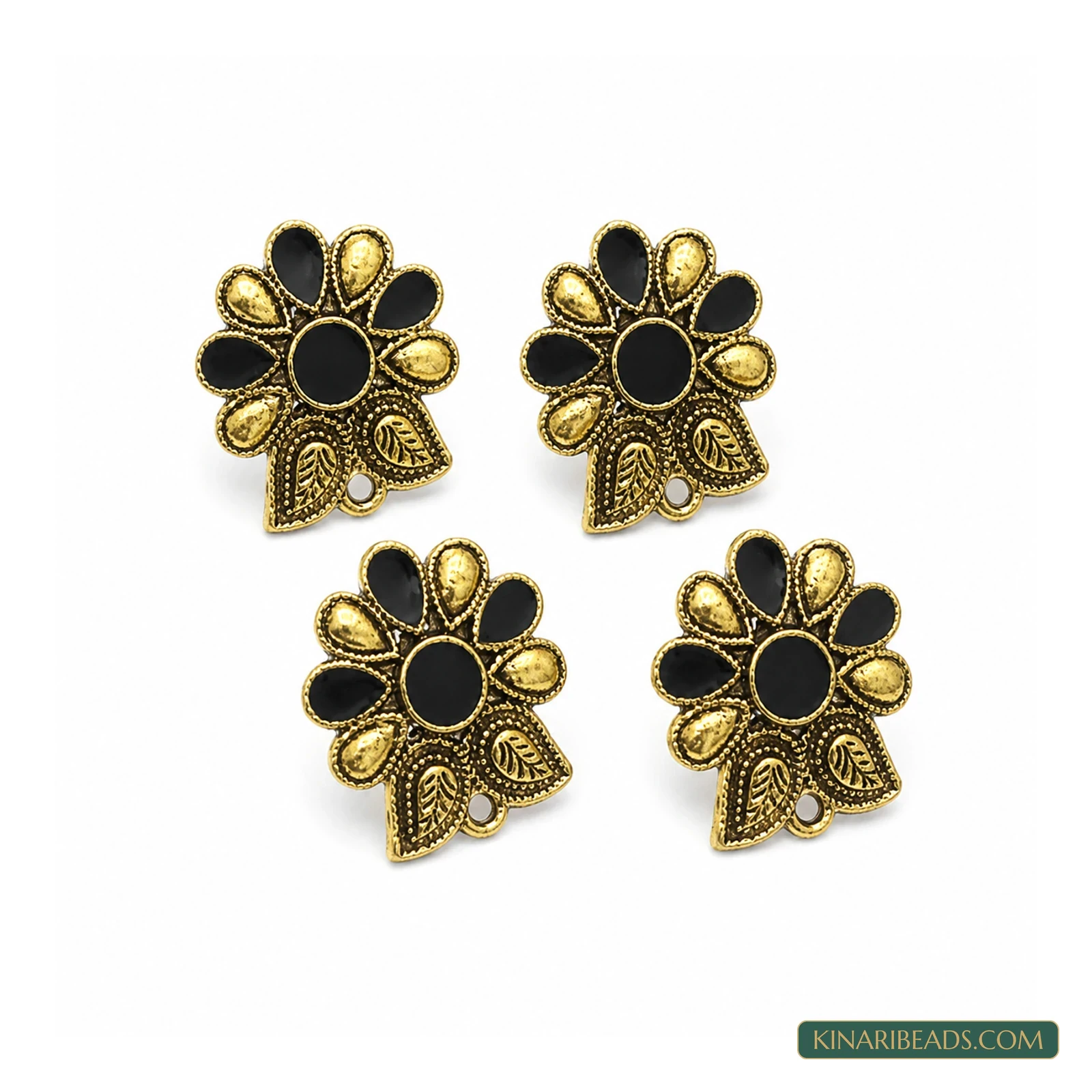18x19mm German Silver Meenakari Earring Components Black – 4 Pack, Kinari Style EF102