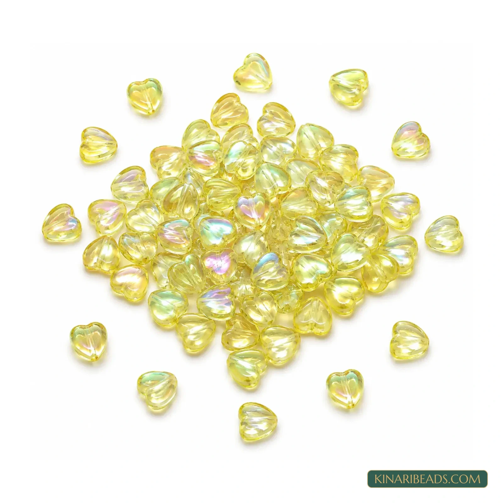 9mm Transparent Iridescent Heart Acrylic Beads - 100g (Approx. 525 Pcs) - Transparent Iridescent Lemon Yellow colour