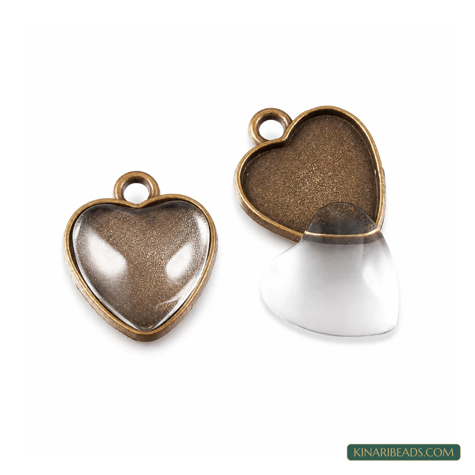 Antique Bronze Heart Cabochon Pendant Trays with Glass – 21x18mm