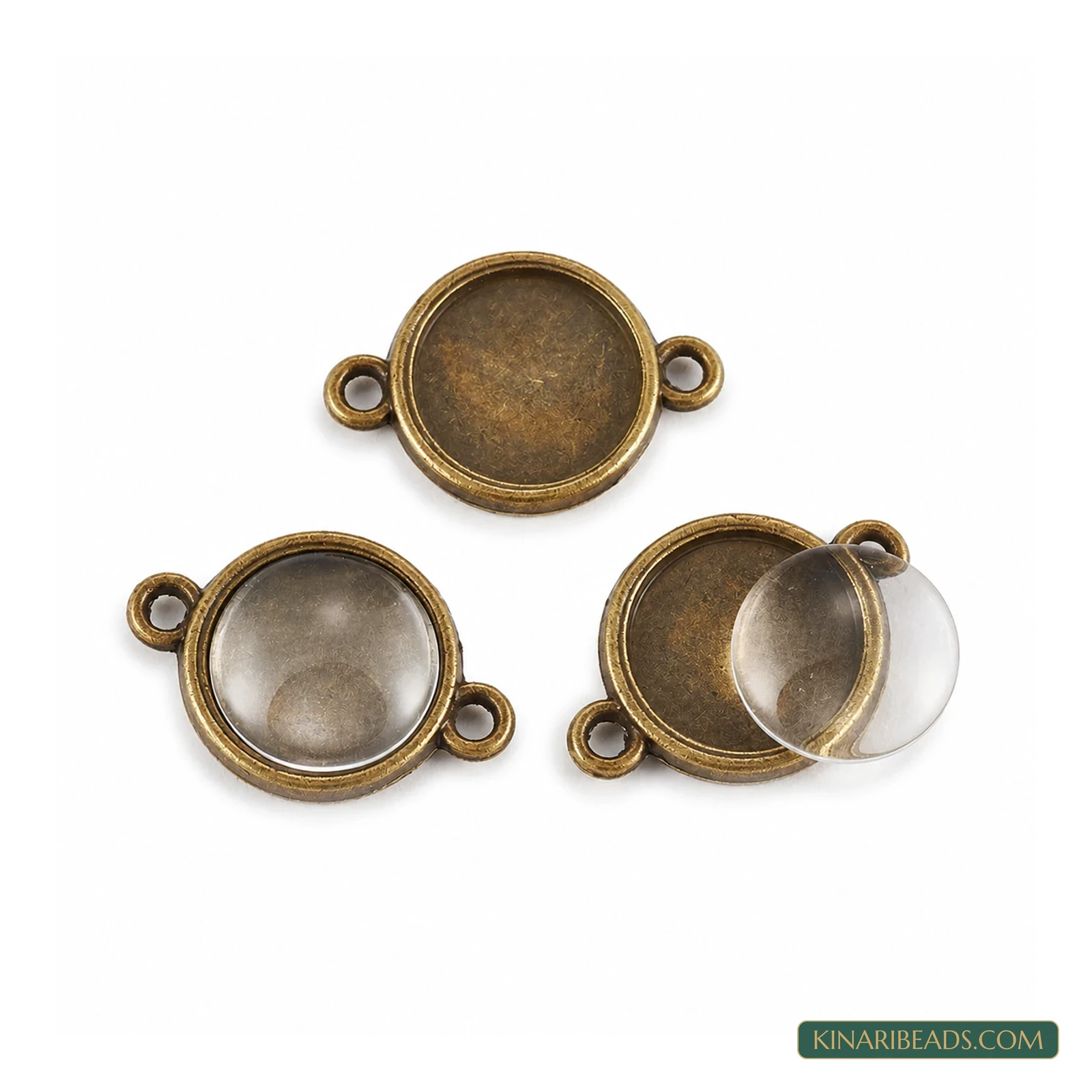 Antique Bronze Round Cabochon Connector Trays with Glass – 21x15mm