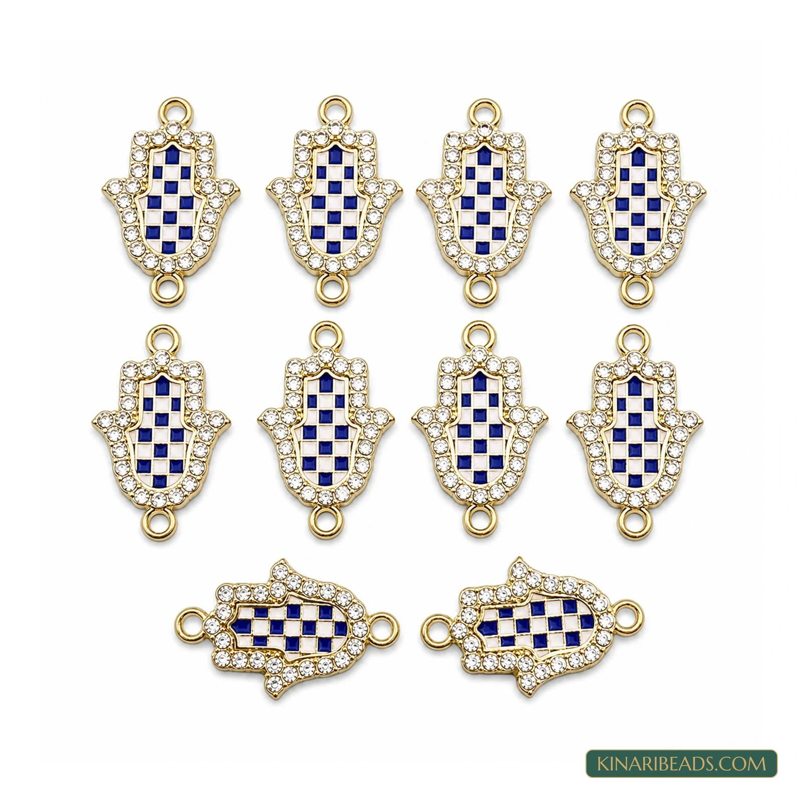 Blue Crystal Hamsa Hand Link Connectors – 14x23mm, 10 Pack
