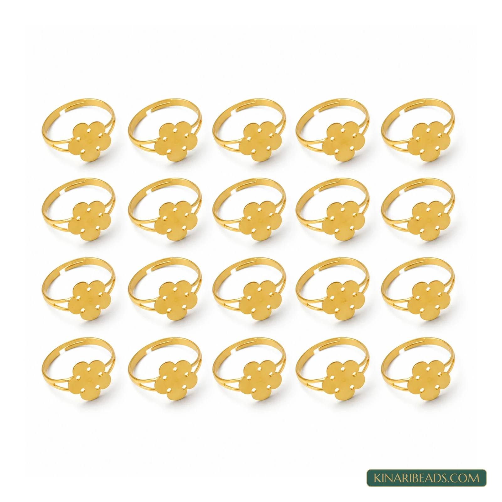 Golden Adjustable Flower-Plate Ring Bases – 20 Pack