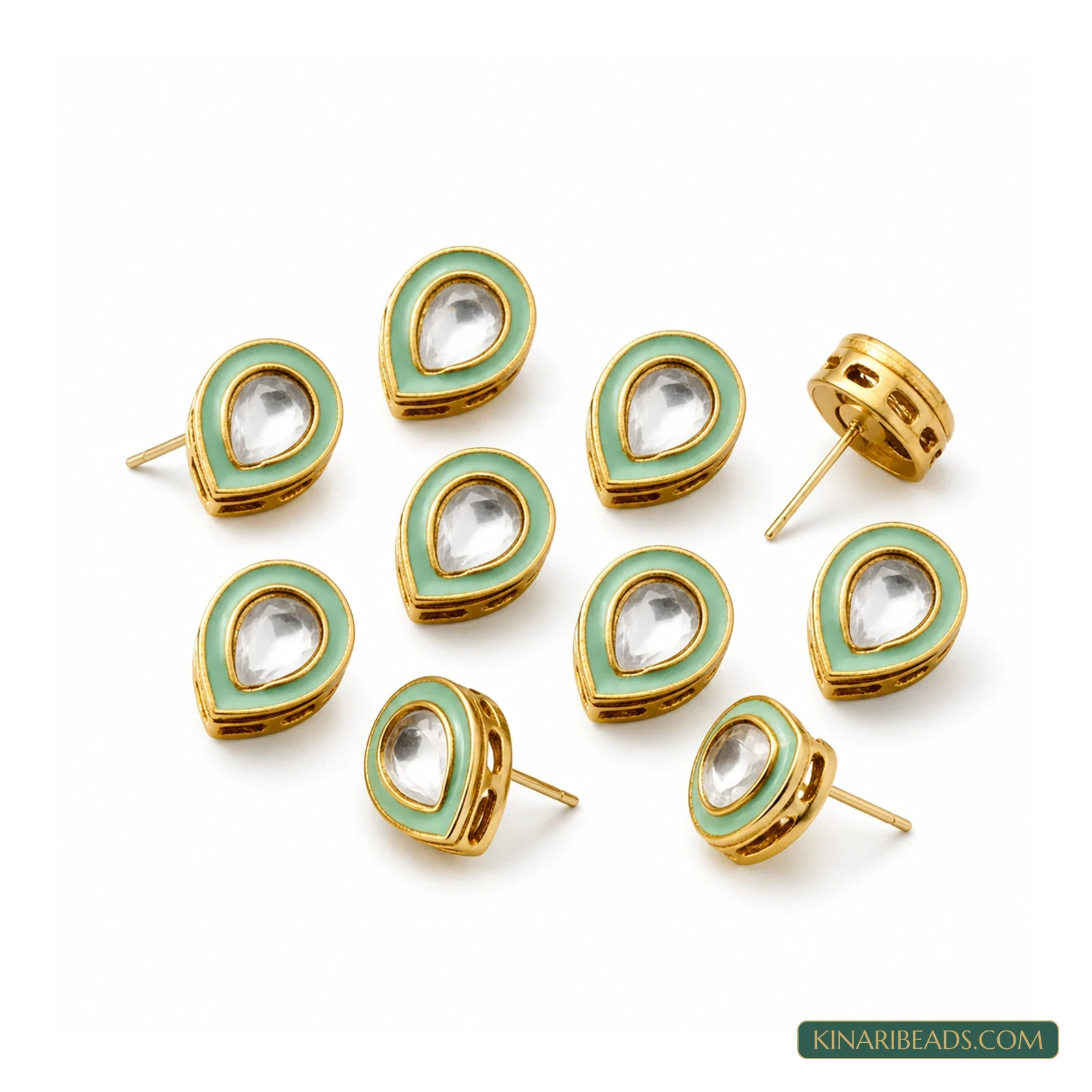 Meenakari Kundan Earring Studs – 11x14mm, 10 Pack - Sea Green colour