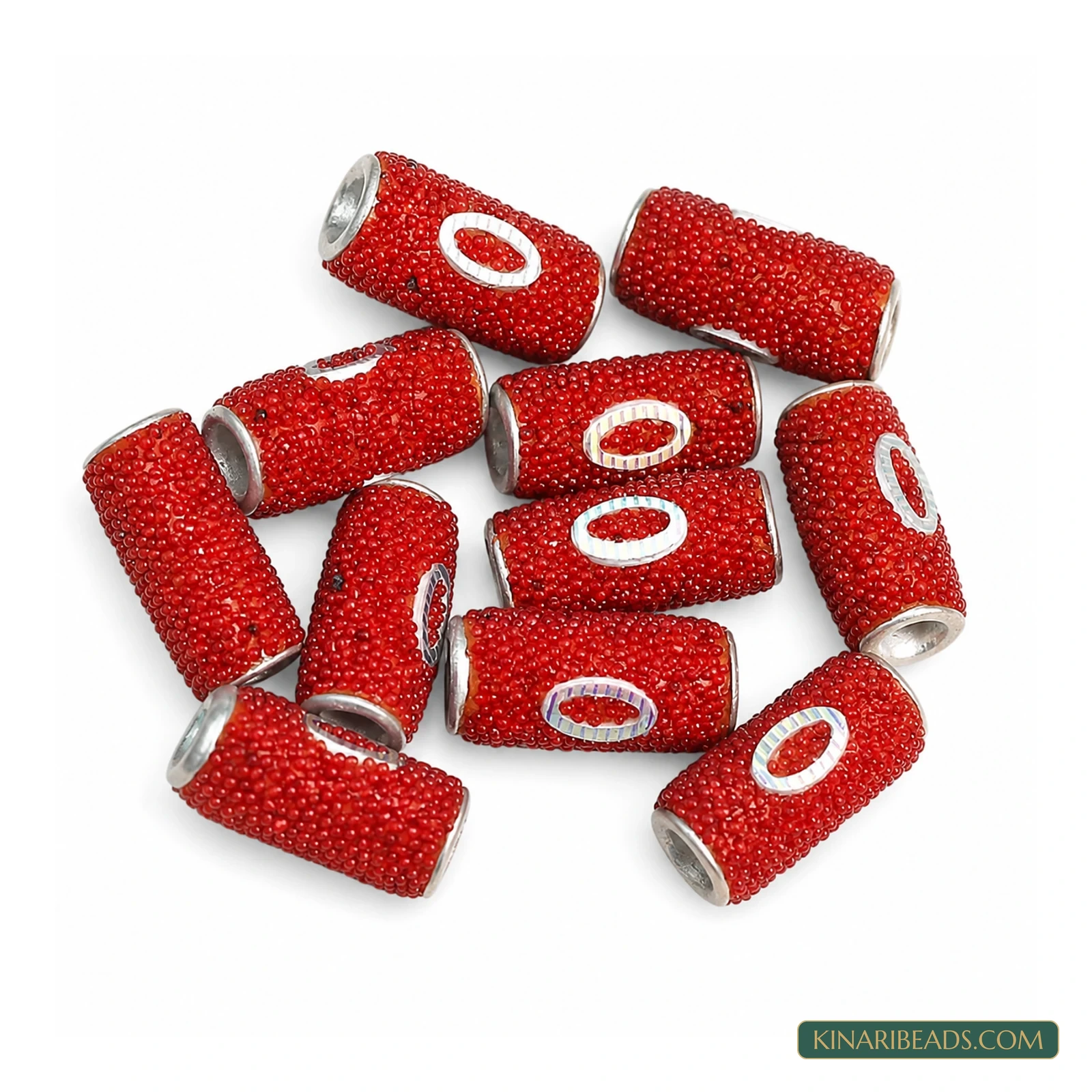 Red White Oval Tube Lac Beads 18x8mm – 10 Pcs