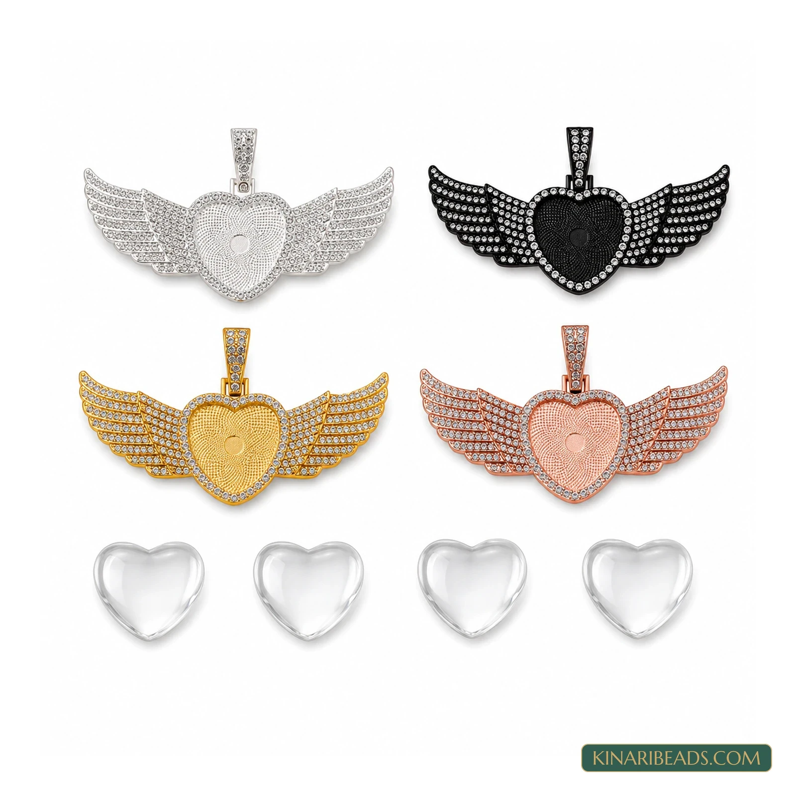 Rhinestone Heart and Wing Pendant Making Kit with Glass Cabochons