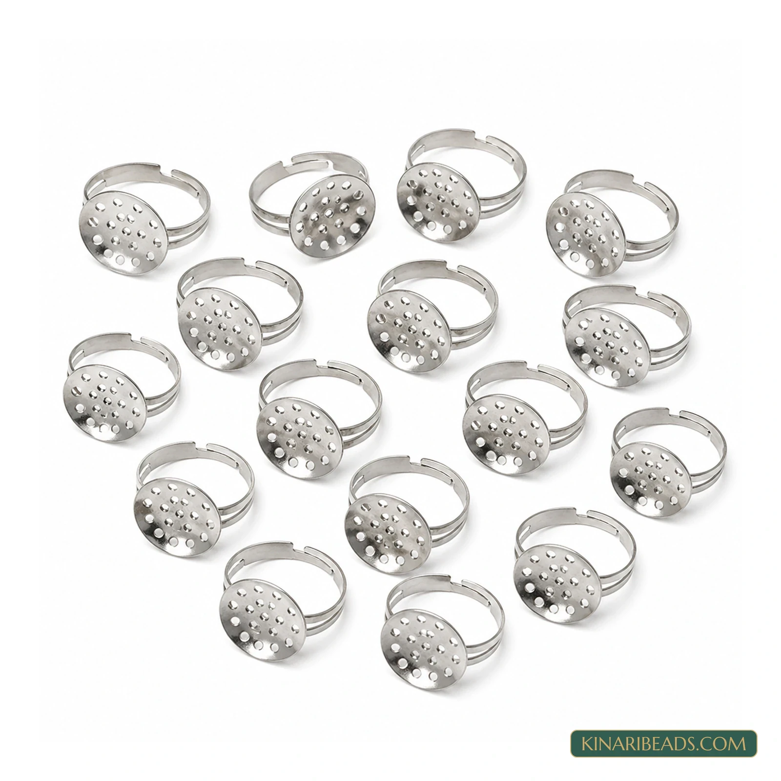 Silver Adjustable Perforated Ring Bases – 12mm, 20 Pack