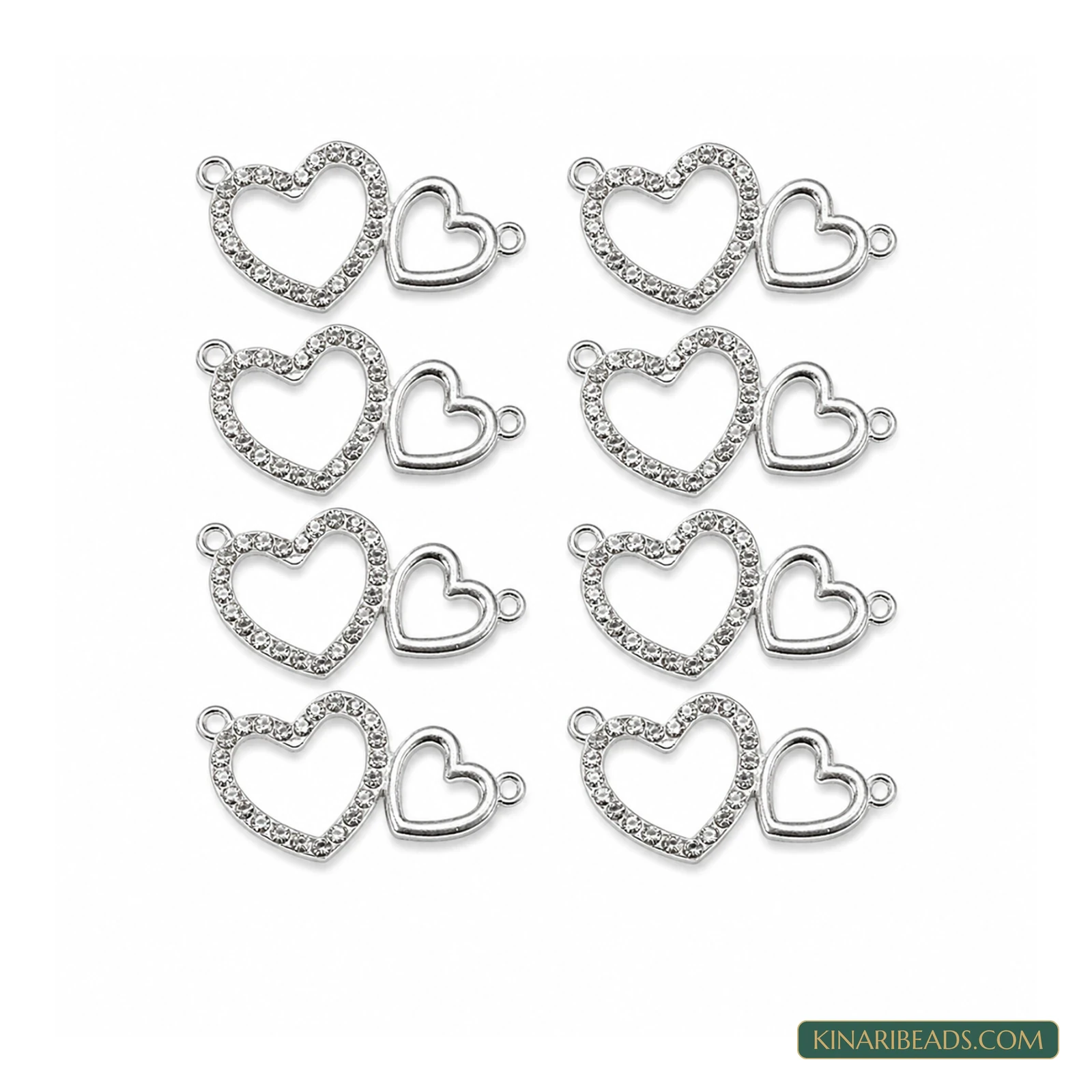Silver Crystal Couple Heart Connectors – 14x28mm, 10 Pack